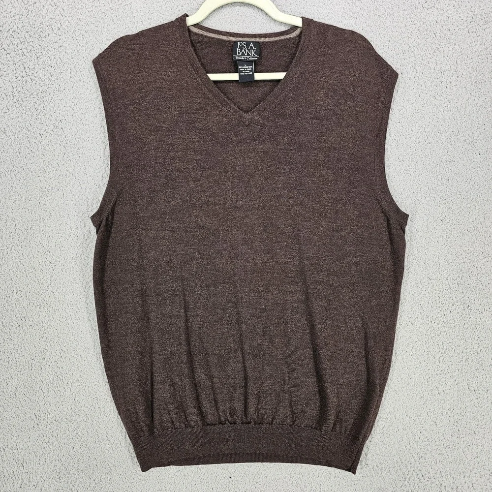 Jos A Bank Sweater Vest Mens Large Brown 100% Merino Wool V Neck Pullover